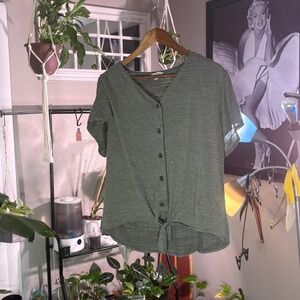 Weatherproof Olive Green Button Front Tie Hem Short Sleeve Top XL